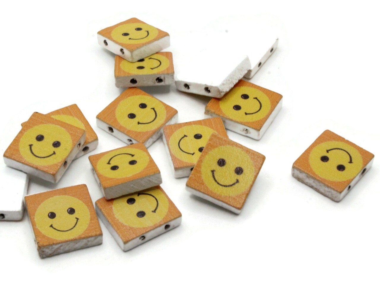 15 20mm Orange and Yellow Beads Wooden Rectangle Happy Face Beads - Two Hole Emoji Beads